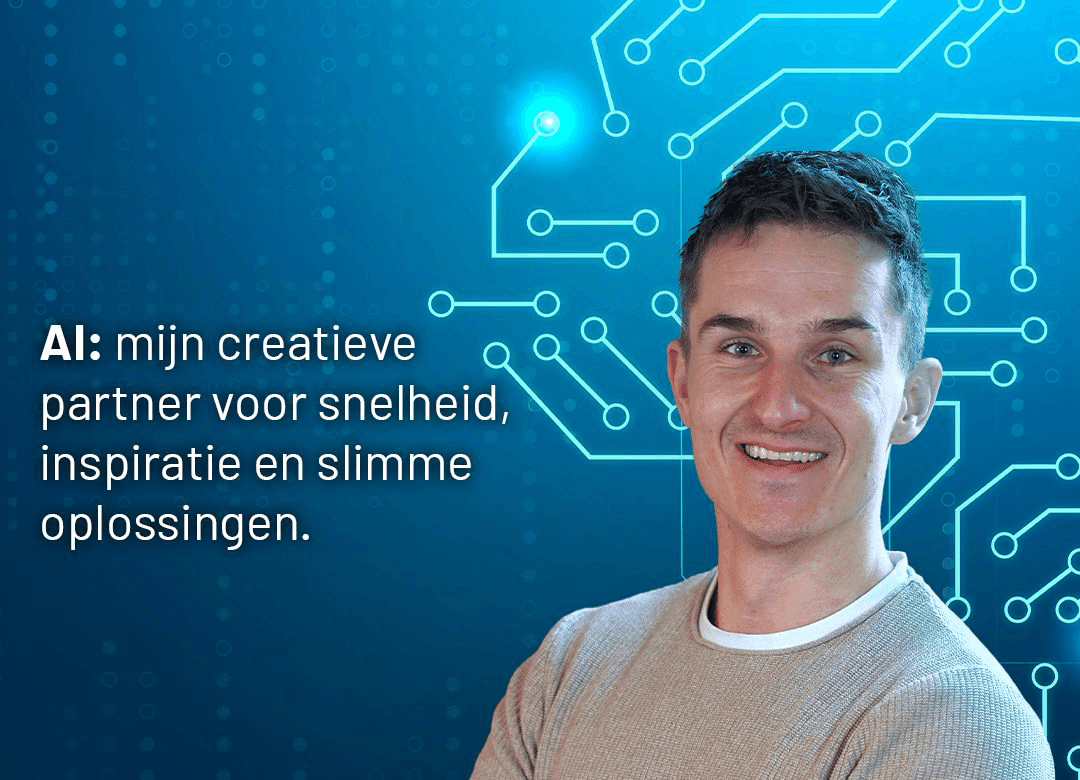 Portret met tekst over AI als creatieve partner en een digitale achtergrond.