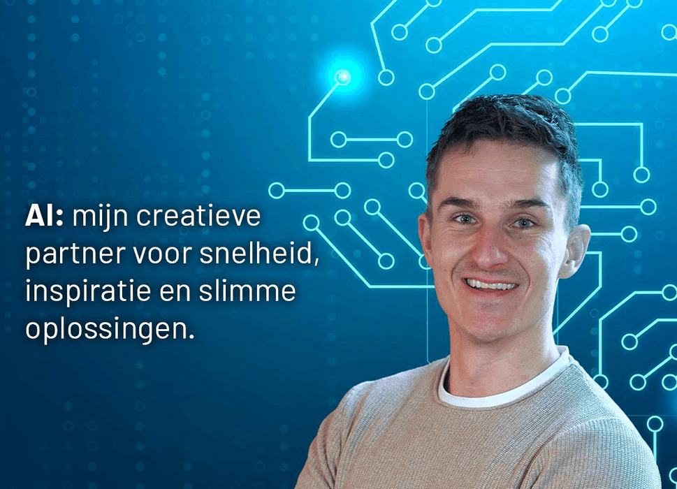 Portret met tekst over AI als creatieve partner en een digitale achtergrond.