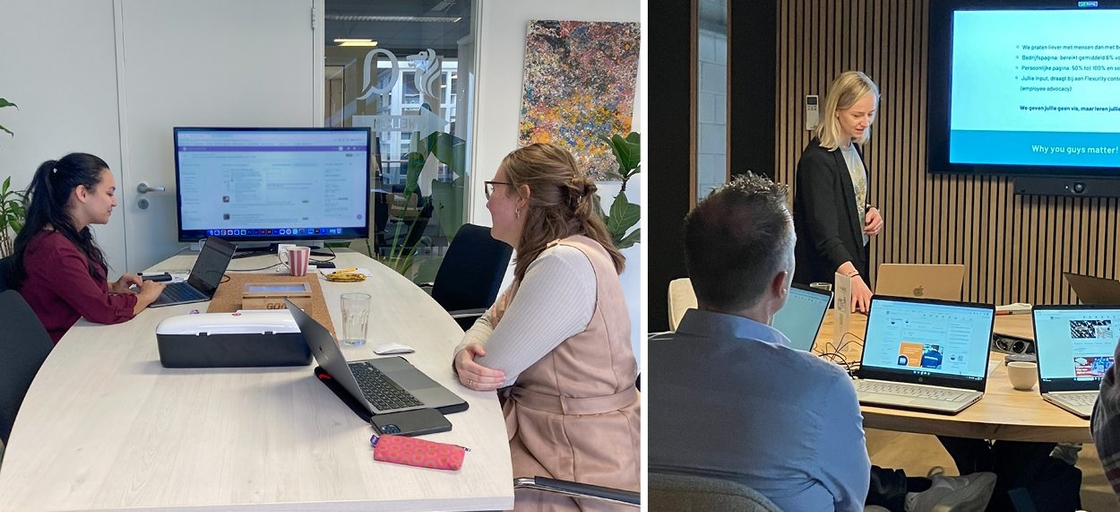 Twee zakelijke meetings met laptops en LinkedIn trainingen.