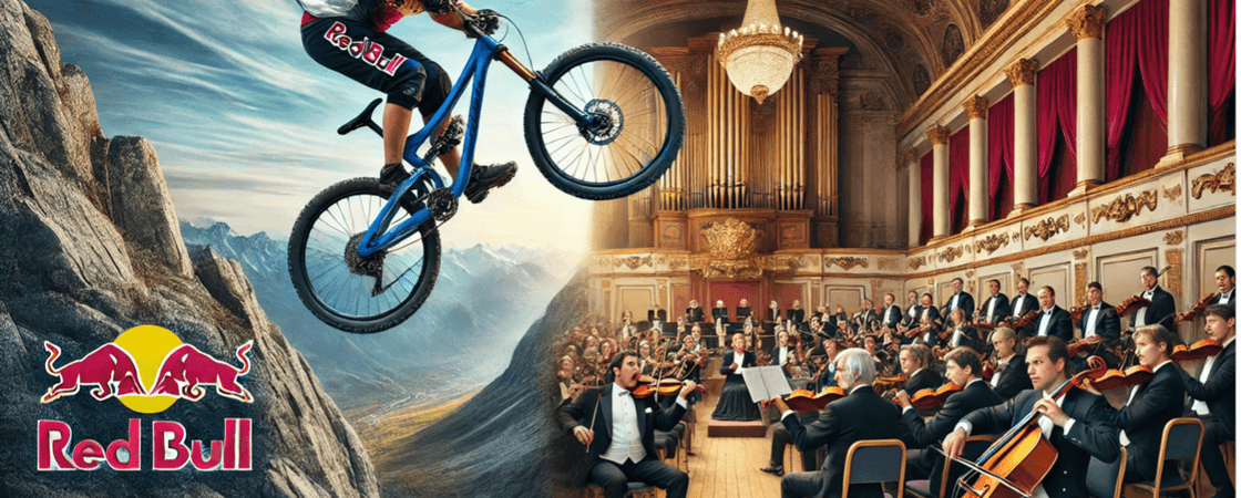Red Bull-afbeelding met mountainbiker in bergen naast klassiek orkest.