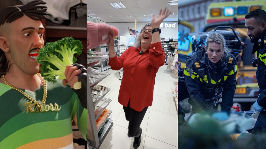 Collage met Knorr-animatie, lachende vrouw in winkel en politieagenten bij ambulance.