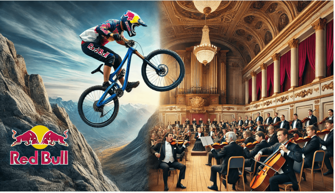 Red Bull-afbeelding met mountainbiker in bergen naast klassiek orkest.