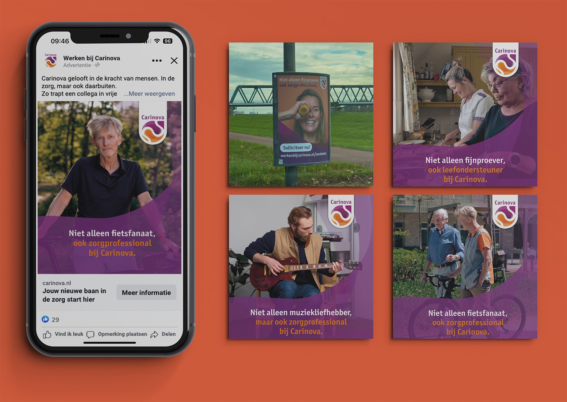 Foto met social ads uitingen van een wervingscampagne van Carinova