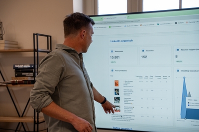 Man presenteert LinkedIn-resultaten op een scherm.