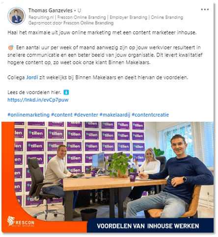 LinkedIn-post over de voordelen van inhouse werken met een content marketeer, inclusief foto van twee mannen aan tafel met ‘Wit Wonen’-achtergrond.